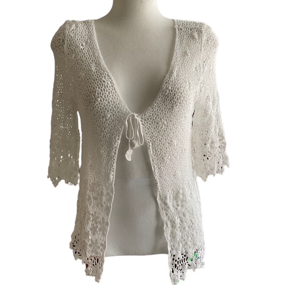 Sweaters - Women Embroidered Cardigan Cotton Knit Boho Sweater 3/4 Sleeve Tie Front Size M